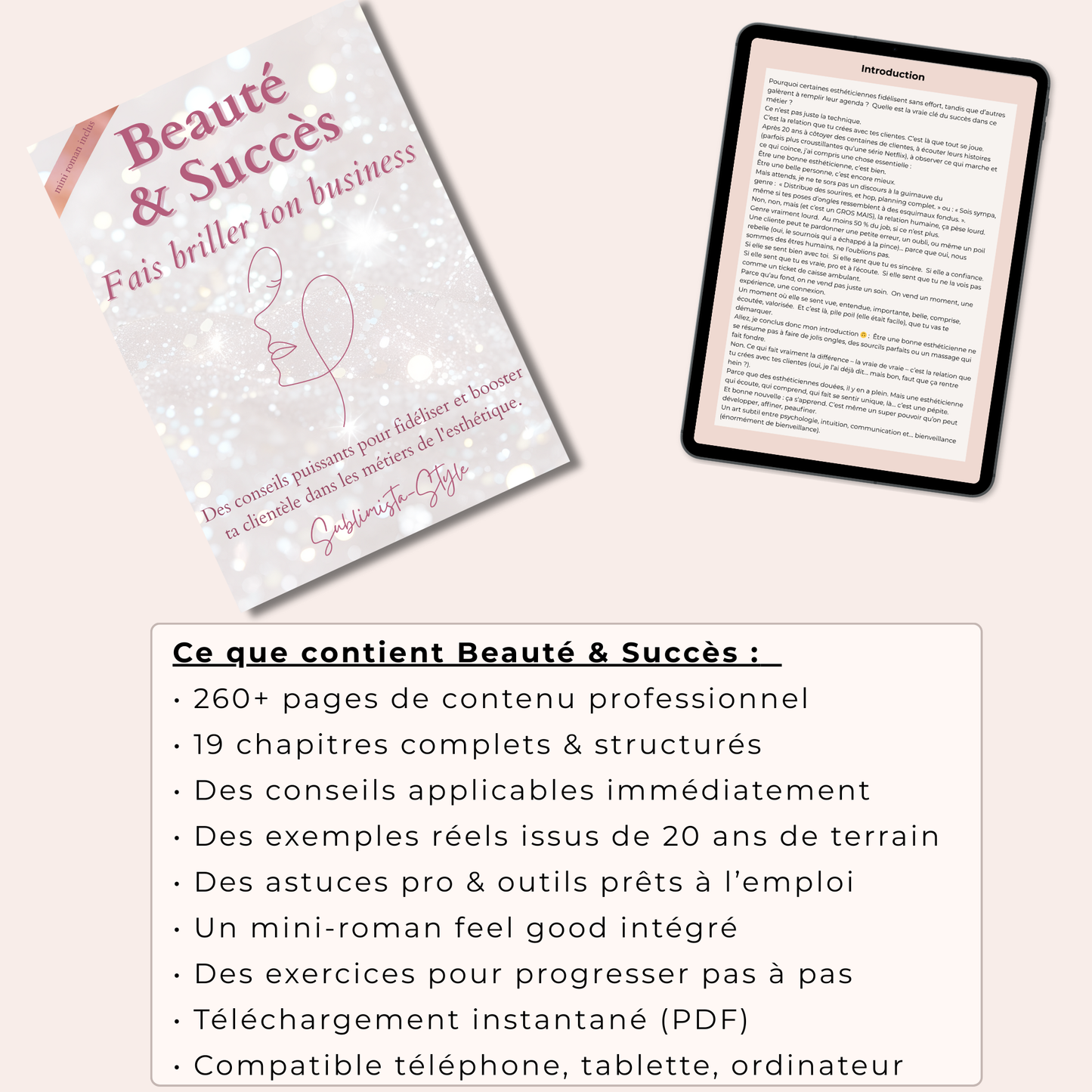 Couverture du guide digital Beauté & Succès et aperçu de l’introduction. Ebook professionnel pour esthéticiennes : relation client, fidélisation client, conseils pratiques et mini-roman feel good intégré.